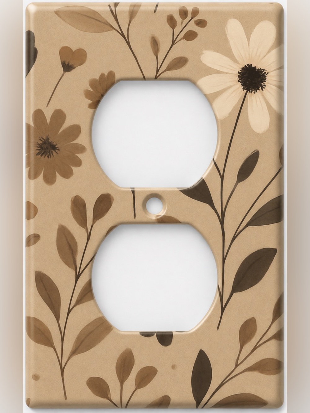 Handmade Neutral Brown Floral Botanical Duplex Outlet Cover Plate